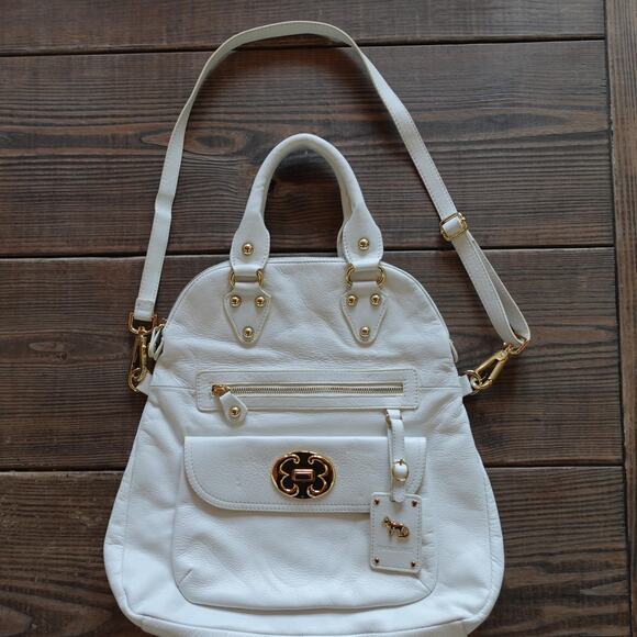 Emma Fox Leather Satchel Shoulder Bag Womens White Gold Hardware Floral Lining - Picture 1 of 15